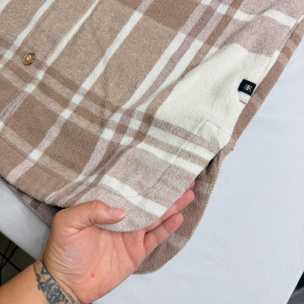 Banana Republic Tan Cream Plaid Oversized Flannel Shirt Jacket Shacket Mens M - Picture 5 of 11
